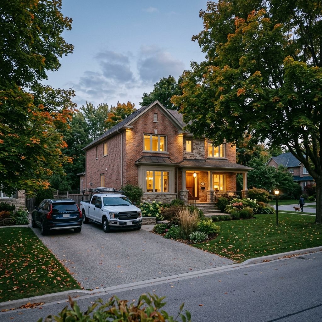 Family home in Oakville at dusk with lights on inside, the family car and a work pickup in the driveway