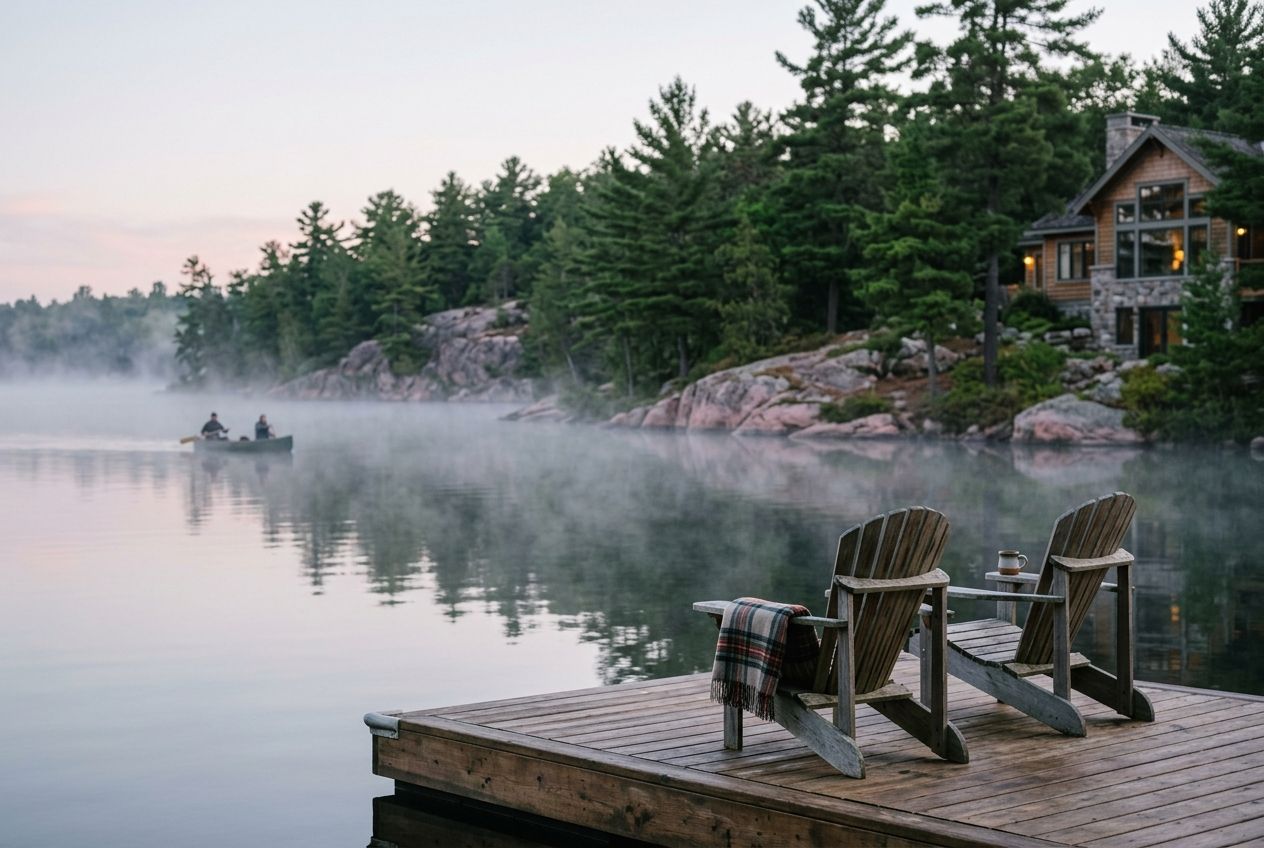 Two Muskoka chairs on a cottage dock overlooking a calm lake in early morning light